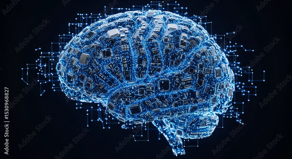 Poster a digital rendering of a human brain, intricately detailed with glowing circuitry, suggesting neural