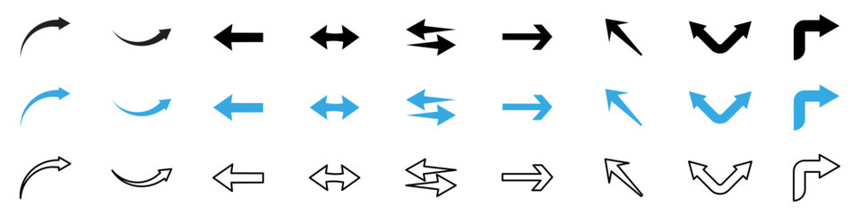 Collection of vector arrow icons in multiple styles including curved, straight, left, right, up, down, outlined, filled, and two-tone arrows for web design, infographics, UI, and navigation use