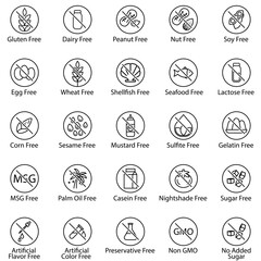 Set of allergen-free and ingredient-free icons in line style, including gluten-free, dairy-free, nut-free, sugar-free, non GMO, and chemical-free labels for food packaging and health design
