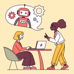 Meeting with robot concept. Artificial intelligence and machine learning. Men and women communicate and chatting with chat bot. Virtual helper and assistant. Cartoon flat vector .