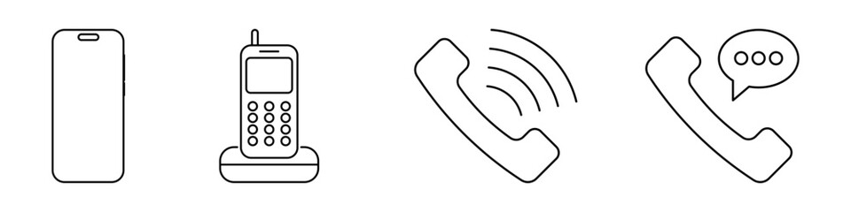 Set of four distinct phone icon designs featuring various styles of telephone illustrations, perfect for communication apps, contact pages, and digital interface projects