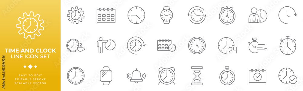 Fototapete Time and clock symbols with editable strokes, designed as scalable vector graphics for easy customization in presentations, apps, and digital projects.