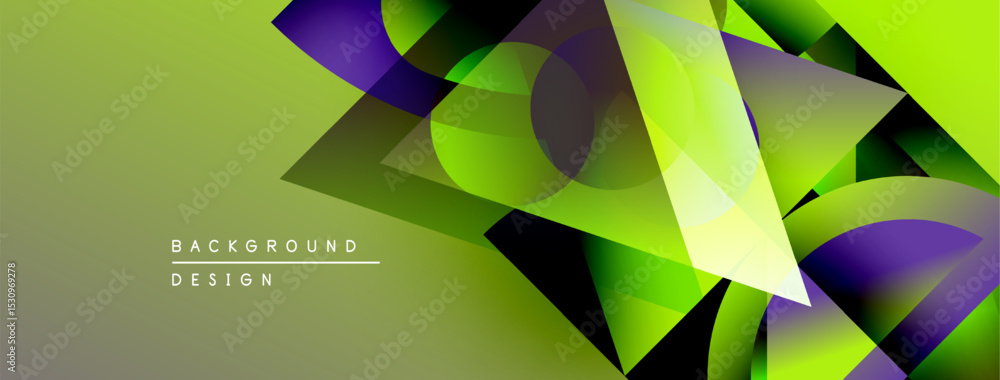 Poster Abstract geometric shapes overlap, creating vibrant green, purple gradients. Modern background design with dynamic visual effect.