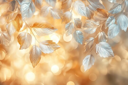 Fototapeta Golden and silver leaves on branches against bokeh background. Great for seasonal cards, Thanksgiving, or adding to a warm design.