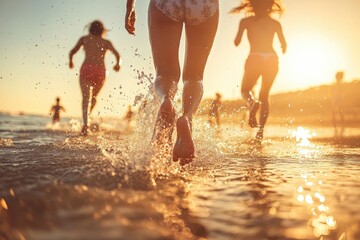 Children splashing in the golden light of the ocean waves
