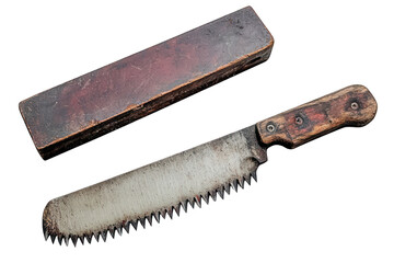 Worn saw-knife with wooden handle and box