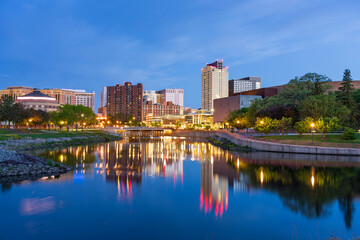 Rochester, Minnesota, USA cityscape on the Zumbro River