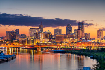 Saint Paul, Minnesota, USA downtown skyline on the Mississippi River at dusk
