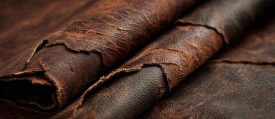 Two rolls of weathered leather resting on wood