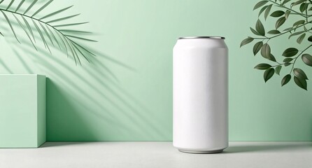 Minimal White Beverage Can on Green Background Clean and Fresh Mockup for Modern Packaging Design, Branding, and Product Presentation