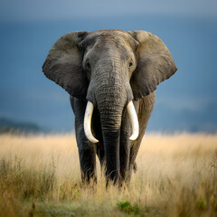 A large elephant with tusks is standing in a field