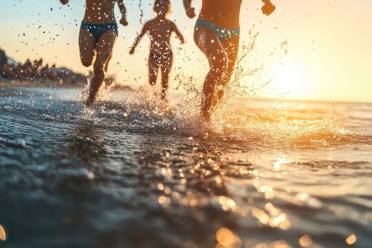 Children splashing in the golden light of the ocean waves