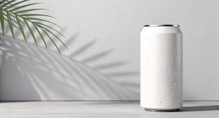 White Beverage Can Mockup with Tropical Shadow Minimalist Drink Packaging Design for Refreshing Soda, Juice, or Sparkling Water Branding
