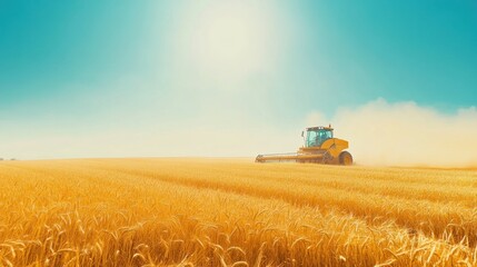 Naklejka premium Golden wheat field, yellow harvester