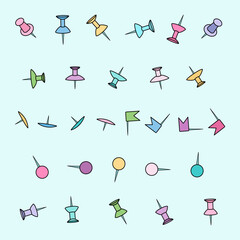 Cartoon illustration school or office stationery of colorful push pins set and map tacks in various shapes on blue background. For back to school supplies concept, education visual, educational theme.