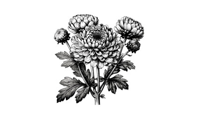 Vintage Engraving Chrysanthemum Sinense Flower Vector Illustration, antique botanical art, floral engraving, traditional illustration, nature-inspired artwork, detailed floral design.
