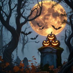 Halloween: Illuminated Pumpkins on Haunted Tombstone Under the Moon