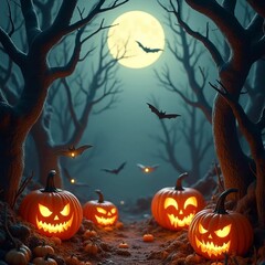 Halloween Night with Illuminated Pumpkins and Bats under the Full Moon