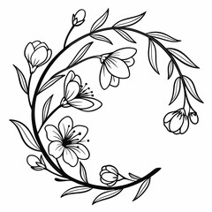 Hand-drawn floral oval wreath frame made of delicate flowers and curved leaves, black line art on white background. Concept of elegance and nature. Vector .