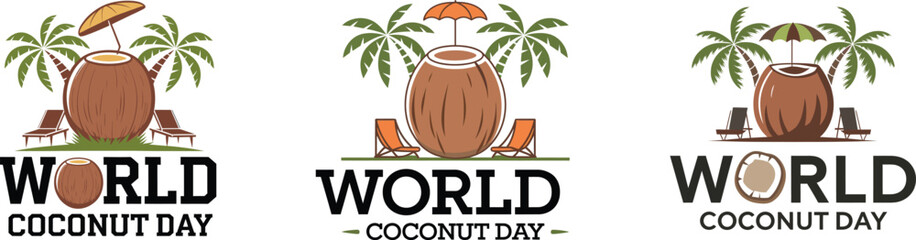 world coconut day celebration design, Tropical Coconut, Beach Chair, and Palm Trees Line Art, Tropical Coconut Juice Outline Design,  vector illustration