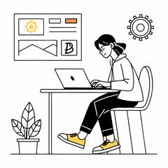 Woman create brand. Young girl with laptop developing brand for company. Graphic designer and freelancer at work. Branding, logotype and emblem creation. Flat vector .