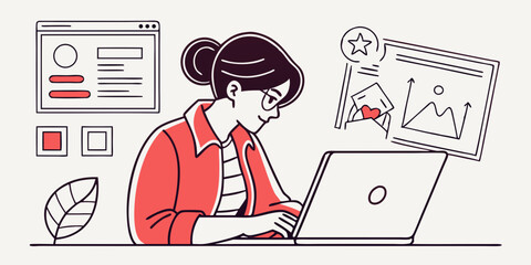 Woman create brand. Young girl with laptop developing brand for company. Graphic designer and freelancer at work. Branding, logotype and emblem creation. Flat vector .