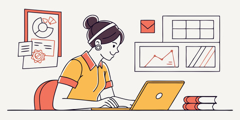 Woman create brand. Young girl with laptop developing brand for company. Graphic designer and freelancer at work. Branding, logotype and emblem creation. Flat vector .
