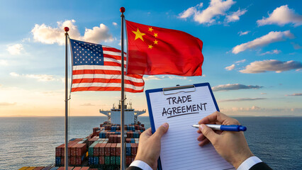 American and Chinese Flags Flying Over Container Ship at Sunset with Clipboard in Foreground
