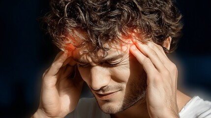 Young man experiences headache while holding his head in discomfort in a dimly lit room during the evening