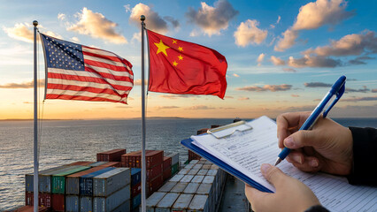 Maritime Trade Scene with US and China Flags, Clipboard Notes, and Sunset Over Calm Sea