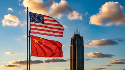 US and China Diplomatic Flags in Front of Tall Urban Tower and Clear Sky