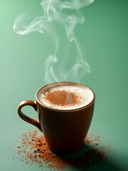 Steaming hot cappuccino with cocoa powder on a brown cup and green background perfect for cafe menu