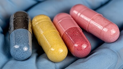 Different colored capsules resting on a gloved hand in a laboratory setting during a health study analysis