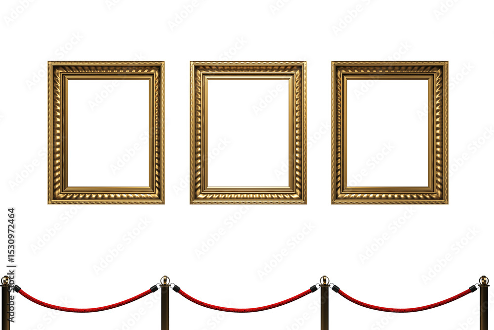 Poster Three ornate golden classic frames hanging side by side in a gallery setting with red rope barriers on a clean white background. 3D Rendering