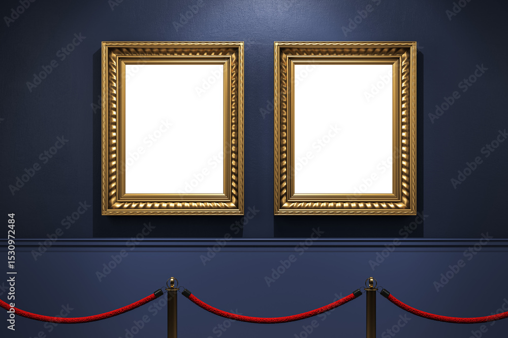 Poster two empty gold classic frames on a dark blue wall background with red velvet ropes, concept of galle