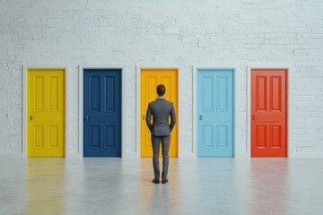 Businessman Facing Four Colorful Doors, Representing Choices and Opportunities