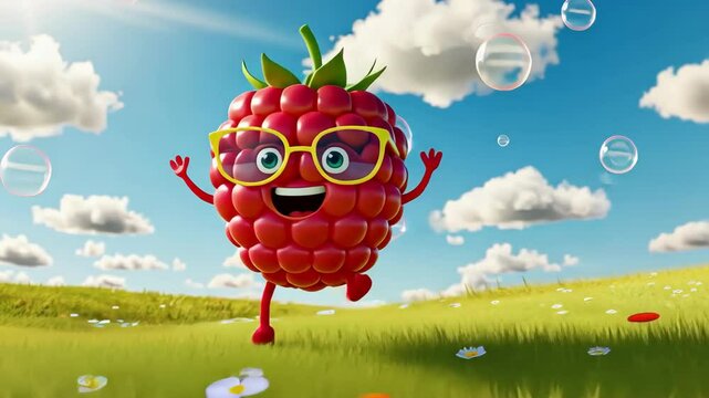 A cheerful animated raspberry character enjoying a sunny day.