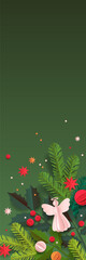 Paper cut template. Vertical Christmas vector greeting card. Christmas tree, balls, and a decor isolated on a green background. Winter frame for holidays with place for text.
