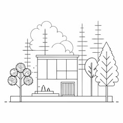 Architectural drawings in a minimal style featuring CAD tree line illustrations. Includes side view, plan view, and section view of forest outlines, designed as landscape design symbols. Vector Art
