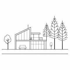 Architectural drawings in a minimal style featuring CAD tree line illustrations. Includes side view, plan view, and section view of forest outlines, designed as landscape design symbols. Vector Art