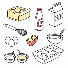 Baking ingredients icons set. Outline dough for muffins, pie or cookies from eggs and milk, butter and flour. Cookware and kitchenware. Linear flat vector collection isolated on white .