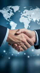 Close-up of a handshake against a blurred world map background, symbolizing global partnership, business deal, and international collaboration