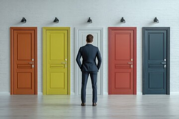 Businessman Facing Four Colorful Doors, Representing Choices and Opportunities