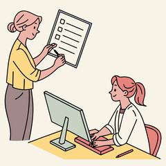 Woman filling form. Character sitting at computer. Freelancer or coworker, employees workplace. Girl provides her data to company, authorization or registration. Cartoon flat vector .
