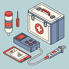 Medical equipment set. Collection of devices, graphic elements for website. Innovations and modern technologies, digital world. Cartoon isometric vector illustration isolated on blue .