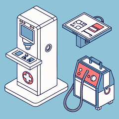 Medical equipment set. Collection of devices, graphic elements for website. Innovations and modern technologies, digital world. Cartoon isometric vector illustration isolated on blue .
