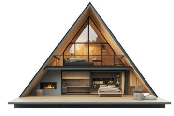 A-frame dwelling with interior bedroom and fireplace