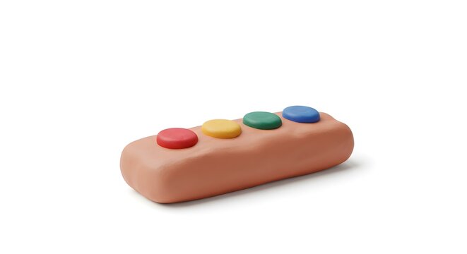 A minimalist concept of an electronic interface or game controller, crafted from clay with four colorful primary buttons.