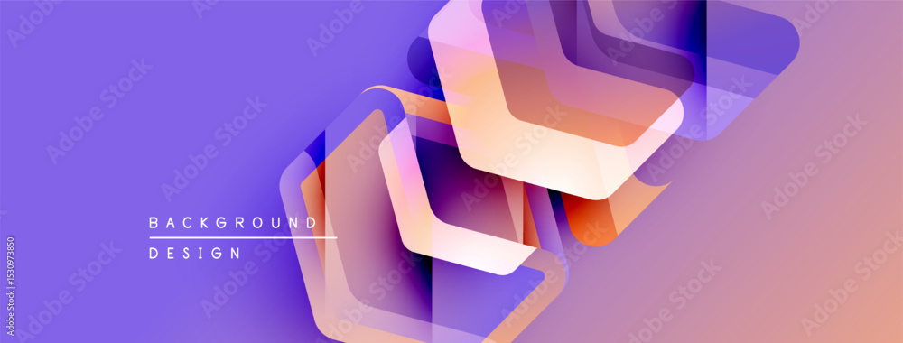 Poster abstract geometric shapes overlap, creating vibrant purple, orange gradients. modern design element 