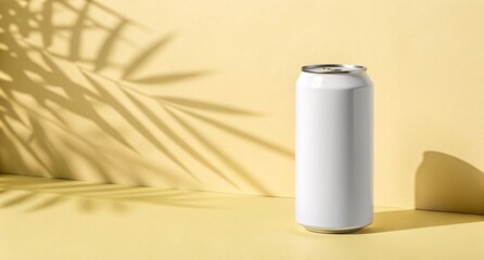 Minimal White Beverage Can on Yellow Background Refreshing Drink Packaging Mockup for Soda, Juice, or Energy Drink Branding